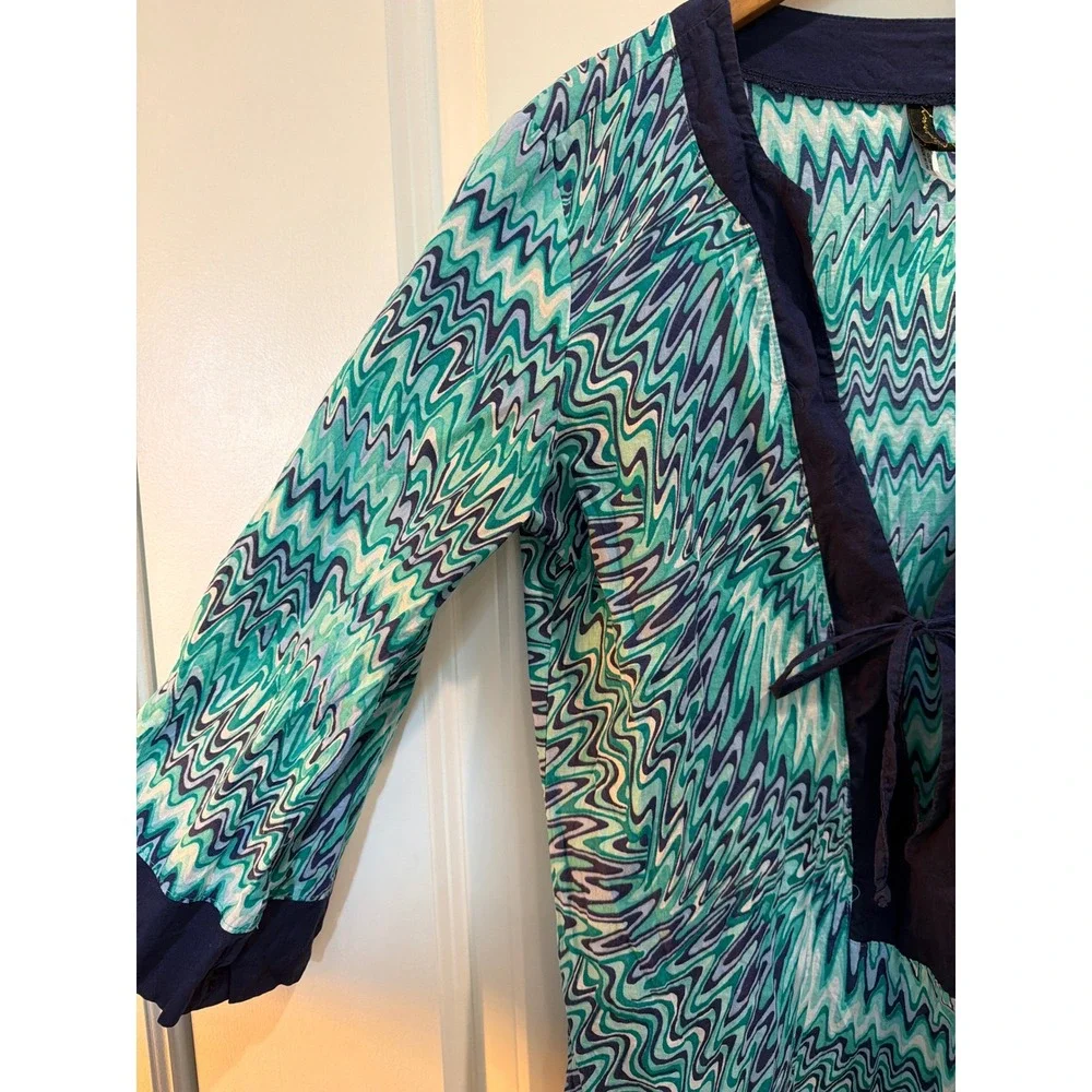 Hermanny by Vix Teal Navy Zigzag Cotton Tunic Beach Cover Up Y9K380